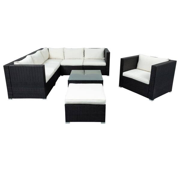Afoxsos Brown 8-Piece PE Rattan Wicker Patio Outdoor Conversation Set with Sofas, Ottomans, Coffee table and White Cushions