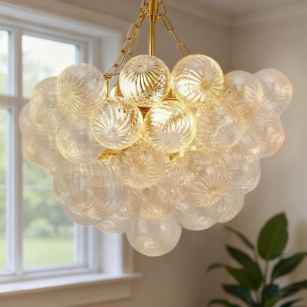 1-Light Gold Bubble Ball Glass Integrated LED Chandelier, RGBCW Dimmable Blown Glass Cluster for Dining Table, Bedroom