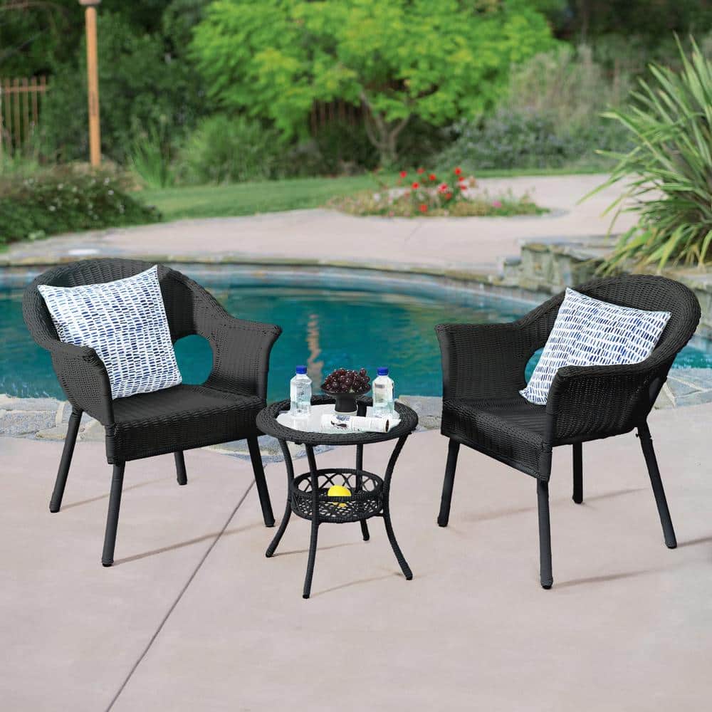 3-Piece Black PE Rattan Wicker Outdoor Bistro Set with Coffee Table