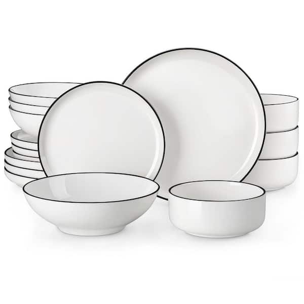 16-Piece White Color Black Rim Porcelain Dinnerware Set (Service for 4) Bowls and Plates Tableware Set
