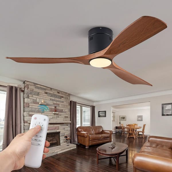 52 in. LED Indoor/Outdoor Flush Mount Walnut and Matte Black Ceiling Fan with Light Kit and Remote Control
