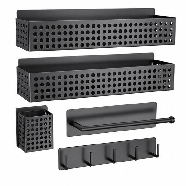 5-Piece Black Magnetic Spice Rack Set with Paper Towel Holder, Utensil Holder and Hook Rack