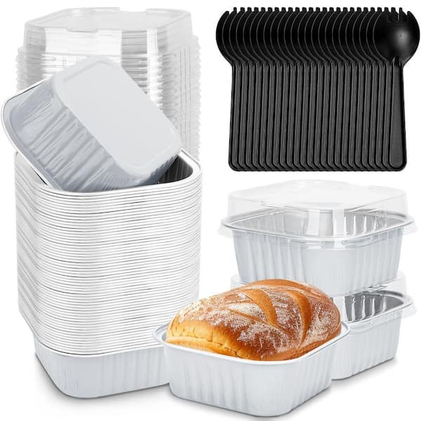 White Mini Disposable Cake Pans with Lids, Aluminum Foil Square Baking Cups, Large Baking Tins Containers (60-Pack)