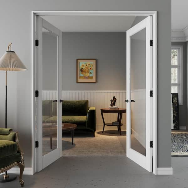 60 in. x 80 in. 1-Lite Clear Glass Universal-Hand White Solid Core Glass Double Prehung French Door+ Quick Assemble Jamb