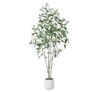 7 ft. Faux Eucalyptus Tree with Round White Planter, Pre Potted Fake Eucalyptus Plant for Home Decor