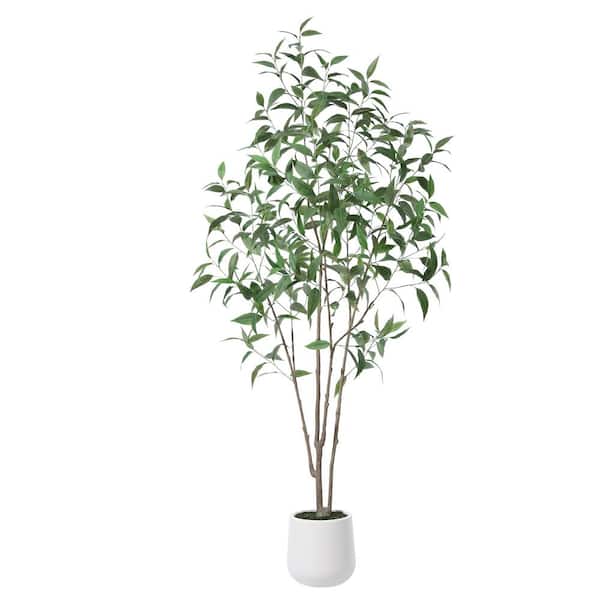 DR.Planzen 7 ft. Faux Eucalyptus Tree with Round White Planter, Pre Potted Fake Eucalyptus Plant for Home Decor
