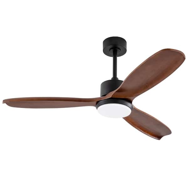 52 in Modern Black Solid Wood Brown 2-Size Downrod Mount Standard Ceiling Fan with 3 Color Dimmable Light and Remote
