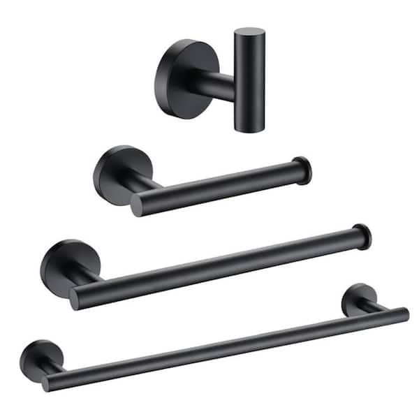 YAWWALK 4-Piece Stainless Steel Bath Hardware Set with Towel Bars, Toilet Paper Holder, and Towel Hook in Matte Black