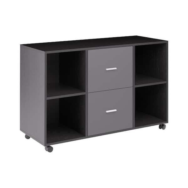 Amucolo 38.97 in. Dark Gray Wood File Cabinet with 2-Drawers, Shelves and Wheels