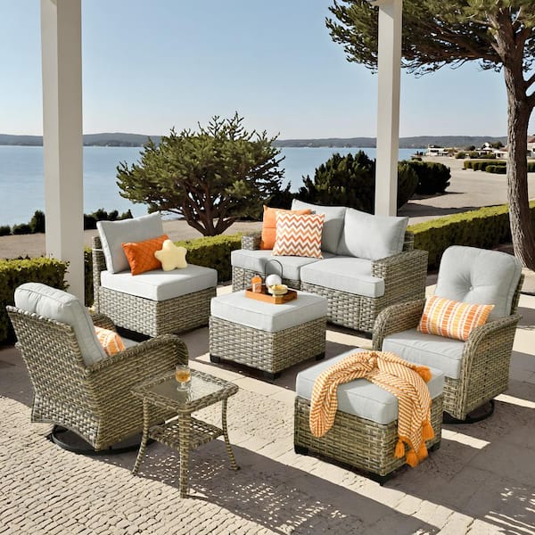 HOOOWOOO Kelleys 8-Piece Wicker Modern Outdoor Patio Conversation Sofa Set with Swivel Chairs and Light Grey Cushions