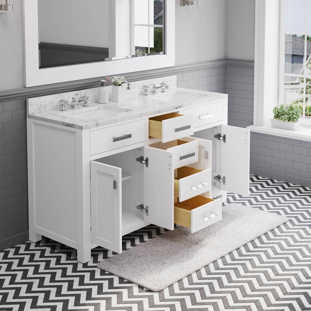 Madison 60" White Marble Double Sink Bathroom Vanity with Mirror