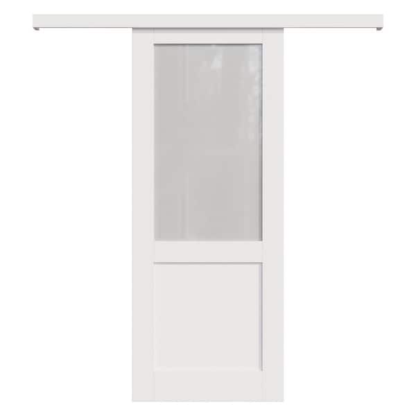 EH PUERTA 32 in. x 96 in. Hidden Track Style 1/2 Lite Frosted Glass White Primed MDF Sliding Barn Door with Hardware Kit