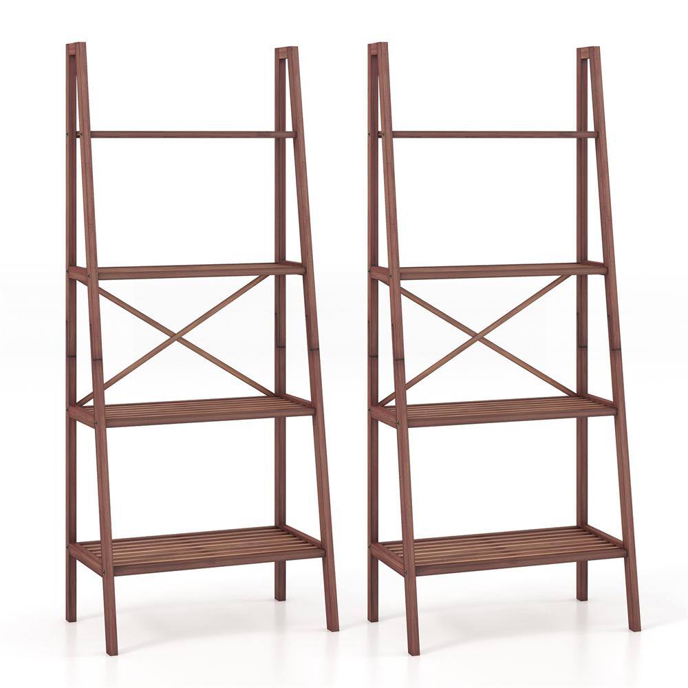 58 in. Tall Bamboo 4-Shelf Ladder Bookcase with Floor Standing Shelving Unit in Walnut(Set of 2)