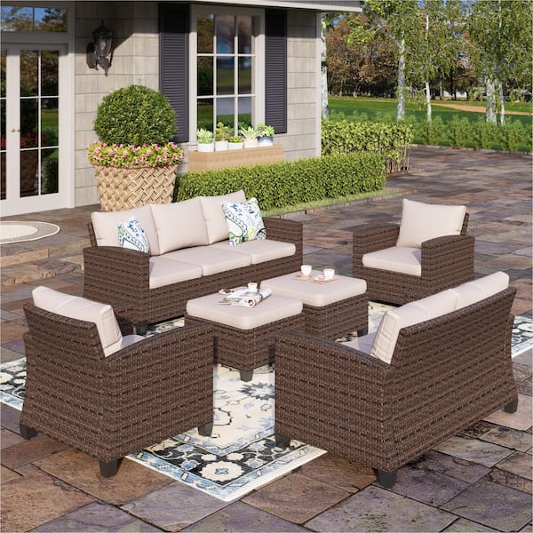 PHI VILLA Brown Rattan Wicker 9 Seat 6-Piece Steel Outdoor Patio Conversation Set with Beige Cushions and 2 Ottomans