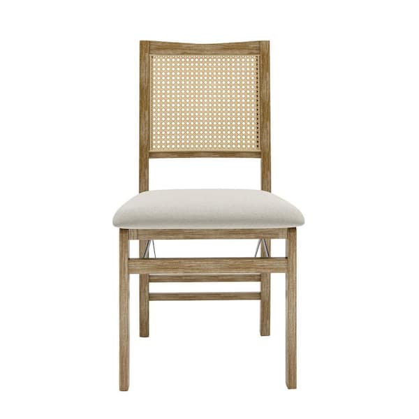 Scandinavian Style Beige Linen Wooden Dining Room Leisure Chair With Woven Back And Upholstered Set of 2