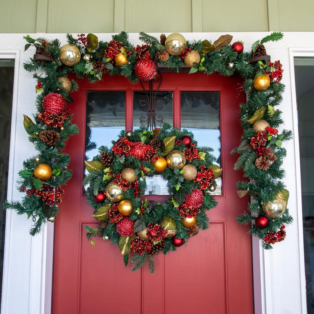 30-Inch Red and Gold Pre-Lit Christmas Wreath with Hydrangeas