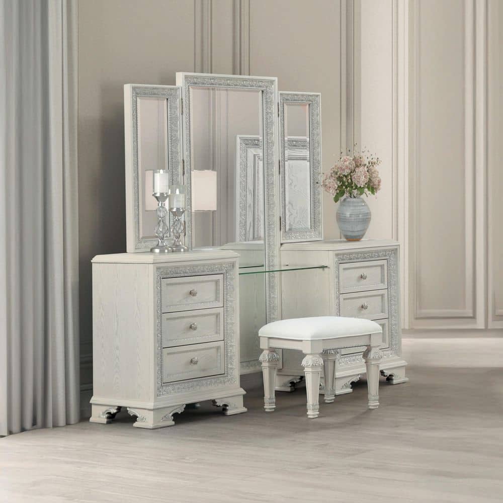 Nab 2-Piece Traditional Creamy White Full Length Makeup Vanity Set with Stool and LED Light