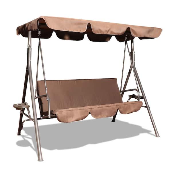 Cisvio 3-Person Metal Outdoor Patio Swing Chair with Canopy and Brown Cushion, Only for Pick Up