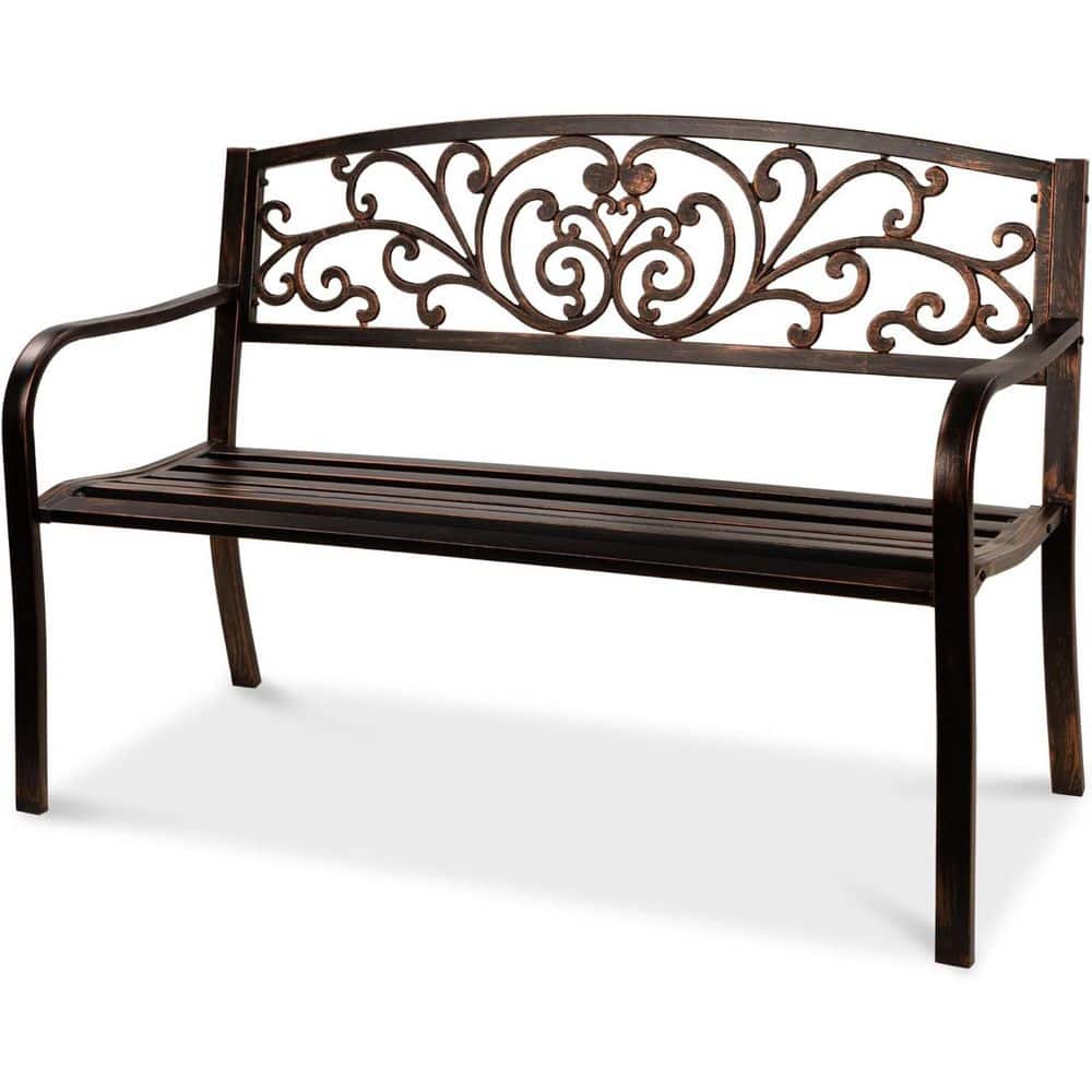 50 in. 3-Person Brown Metal Outdoor Bench with Floral Design
