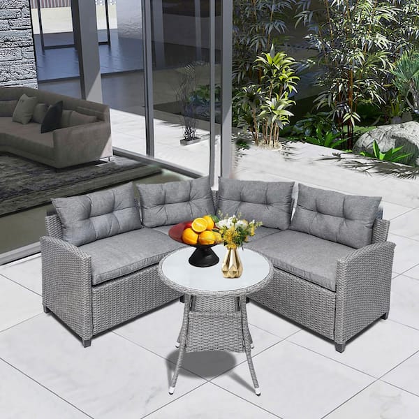 Tunearary 4-Piece Wicker Outdoor Patio Sectional Sofa Seating Set with Gray Cushions