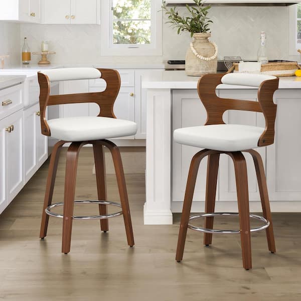 26 in. White Faux Leather and Walnut Wood Mid-Century Modern Swivel Counter Height Bar Stool (Set of 2)