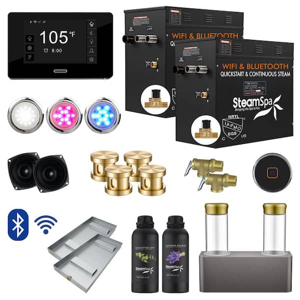 SteamSpa Black Series 24kW Steam Bath Generator with Wireless Control Bluetooth/Wifi Operation and Auto Drain in Gold