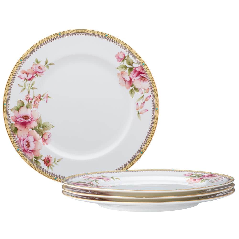 Floral Gold Trim Porcelain Entree Plates, Set of 4