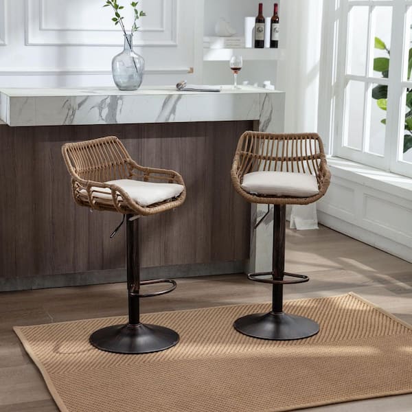 2-Piece Metal Adjustable Counter Height Outdoor Bar Stools with Beige Cushions, Footrest