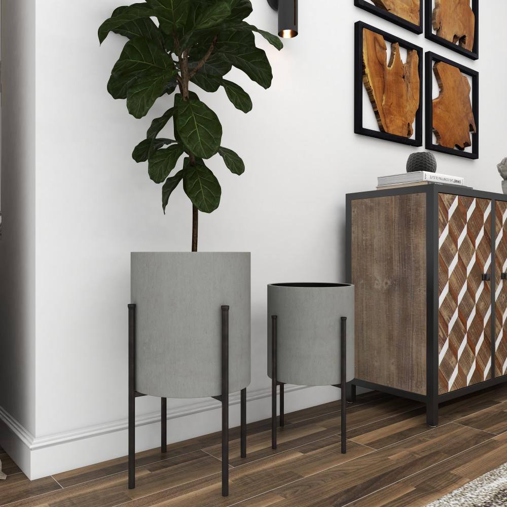 Light Gray Textured Metal Indoor Outdoor Planter Set with Stands