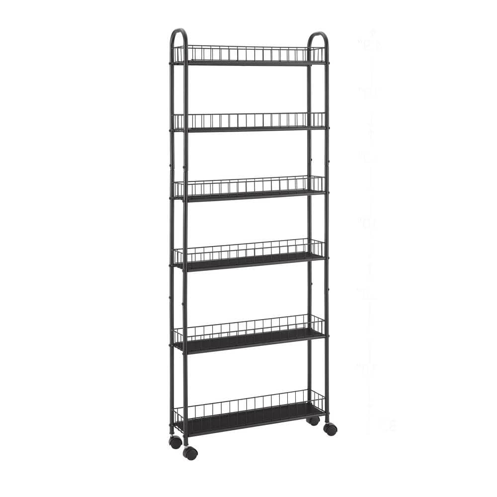 Black Metal 6-Tier Slim Rolling Storage Cart with Wheels