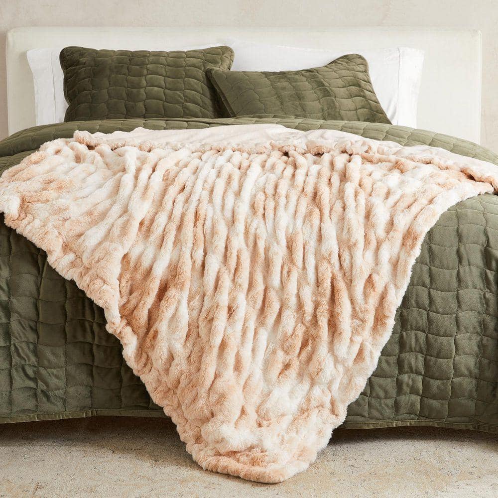 FRESHFOLDS Pink / Tan Fuzzy Faux Fur Ruched Reversible Throw Blanket, 50 in. x 60 in.
