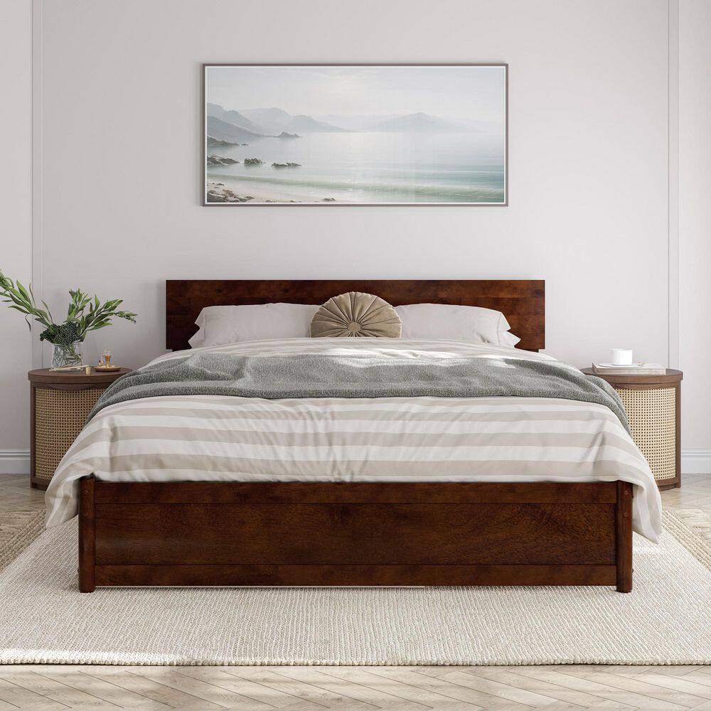 Walnut Queen Wood Platform Bed with Trundle and Headboard