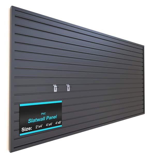 4 x 8 in. Black PVC Heavy Duty Slatwall Panel Wall Storage System with Organizer Features Wall Rack