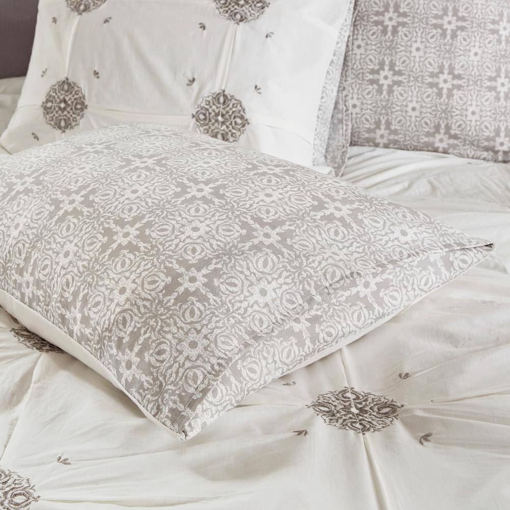 Gray Cotton Reversible King Embroidered Comforter Set