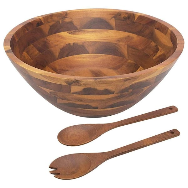 3-Piece Acacia Wood Serving Bowl Set, Large Salad and Fruit Bowl with Utensils for Kitchen Dining