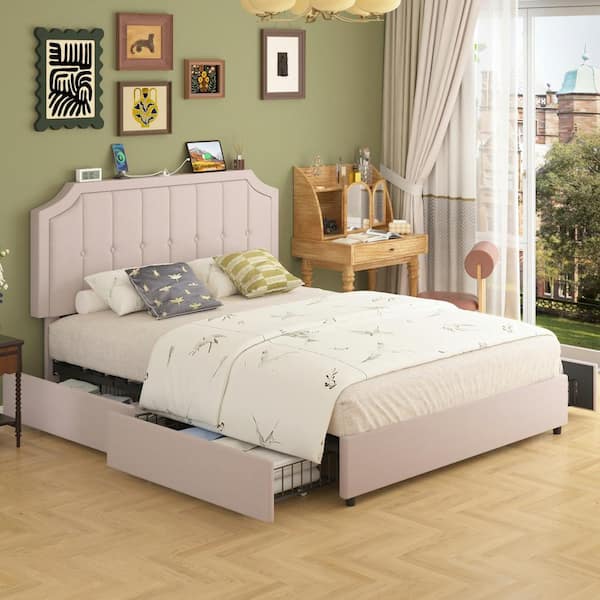 VECELO Button Tufted Upholstered Bed with 4-Drawers and Charging Station Bed Frame Adjustable Headboard Beige Full Platfoem Bed