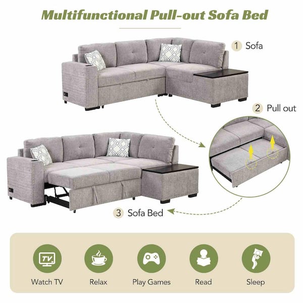 83.8 in. Square Arm Chenille L -Shaped Sofa with Storage Chaise in LIGHT GREY