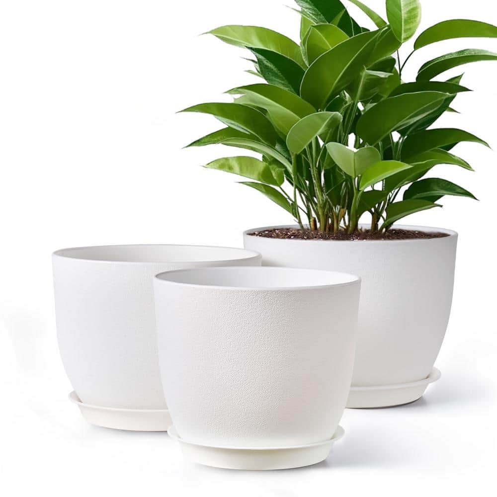 White Round Plastic Indoor/Outdoor Planter Set with Drainage Holes