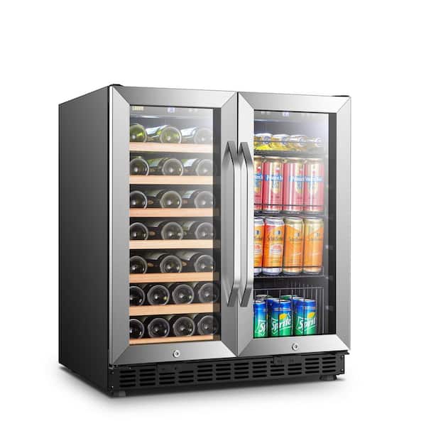 LANBO 30 in. 33-Bottle 70-Can Stainless Steel Dual Zone Combo Wine and Beverage Refrigerator