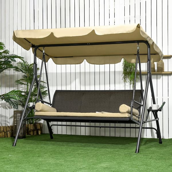 Sudzendf Beige 3-Seat Outdoor Metal Patio Swing with Removable Cushion, Pillows, Adjustable Shade