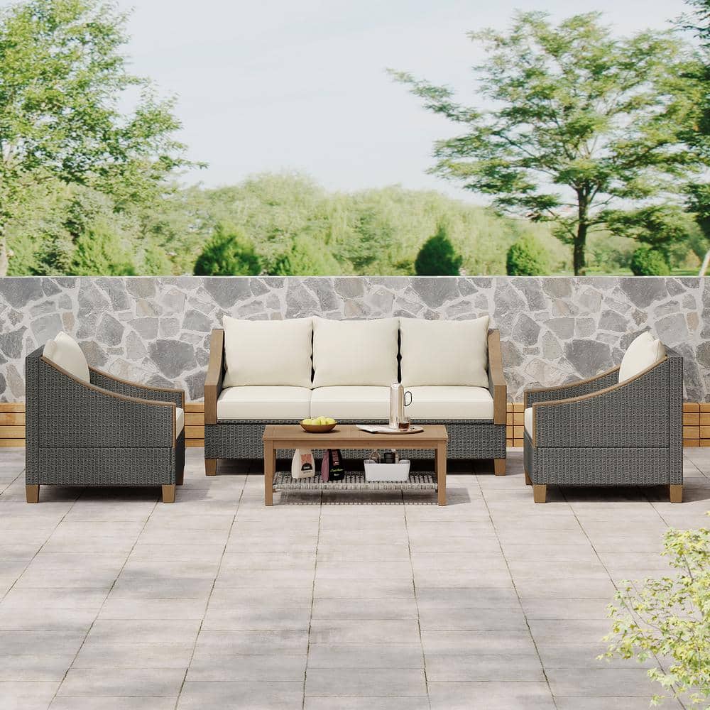 Grey 4 Pieces Wicker Outdoor Sectional Set with Wooden Coffee Table and Bei
