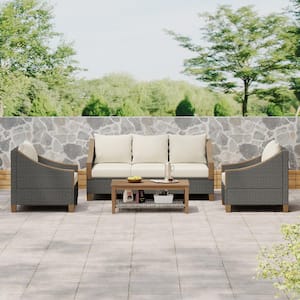 Grey 4 Pieces Wicker Outdoor Sectional Set with Wooden Coffee Table and Beige Cushions Seating 5 People