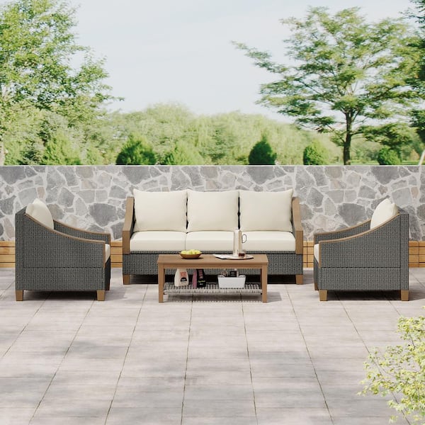 Unbranded Grey 4 Pieces Wicker Outdoor Sectional Set with Wooden Coffee Table and Beige Cushions Seating 5 People