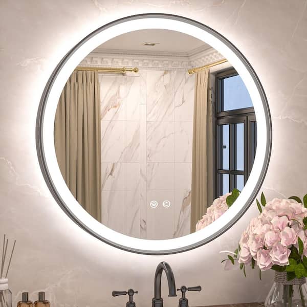 24 in. W x 24 in. H Round Aluminum Framed LED Light with 3-Color and Anti-Fog Wall Mount Bathroom Vanity Mirror in Black