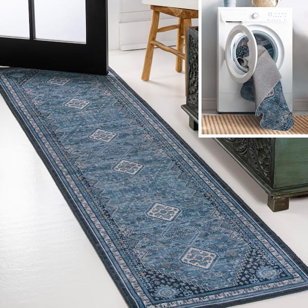 JONATHAN Y Dalyan Geometric Medallions Machine-Washable Blue/Gray 2 ft. x 8 ft. Runner Rug