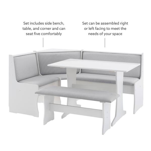 Linon Ardmore Wood Corner Dining Breakfast Nook with Table and Storage,  Seats 5-6, White and Natural Finish 