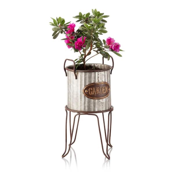Alpine Corporation 16 in. Tall Outdoor Small Metal Flower Can Planter with Stand