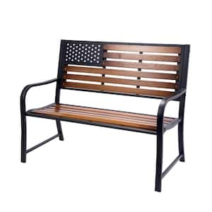 46 in. 2 Person Metal American Flag Outdoor Bench with Wooden Slats