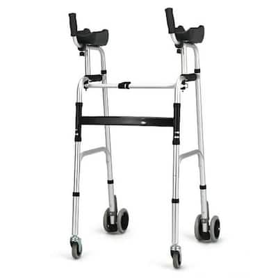 Foldable Aluminum Alloy Standard Walker in Silver with Armrest Pad and Wheels