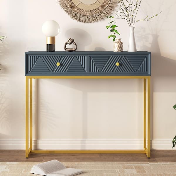 Qualler 38 in. Gray Rectangle MDF Console Table with 2 Drawers